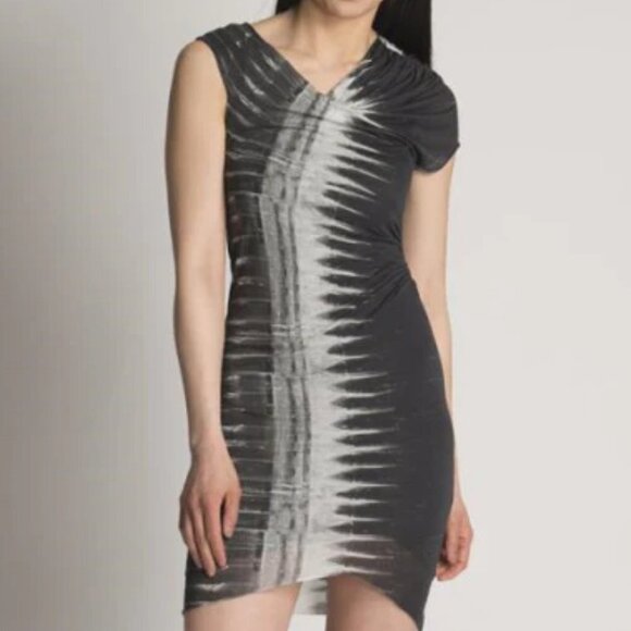 HELMUT LANG  Black & Grey Tie-Dye Print Abstract Asymmetrical Midi Dress size S - Picture 2 of 16